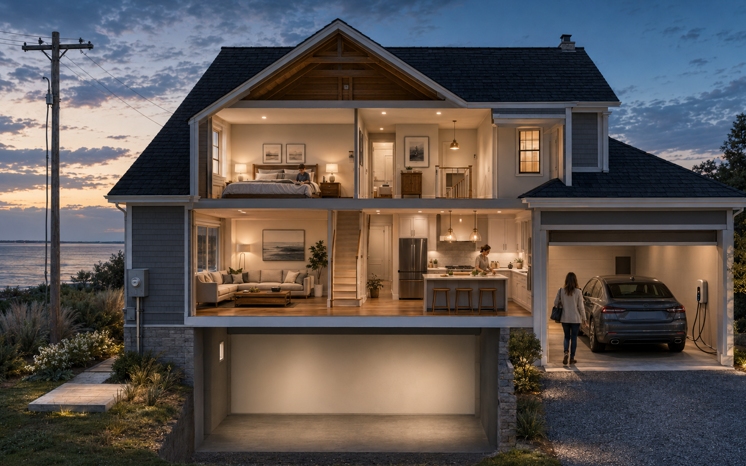 Cutaway view showing electrical systems throughout a home